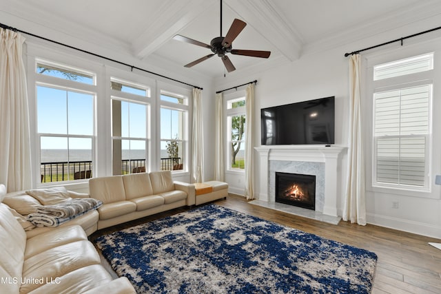 living room featuring a water view, ornamental molding, beamed ceiling, a high end fireplace, and hardwood / wood-style floors