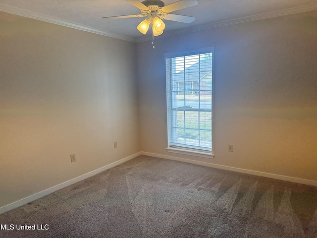 spare room with crown molding, a wealth of natural light, and carpet flooring