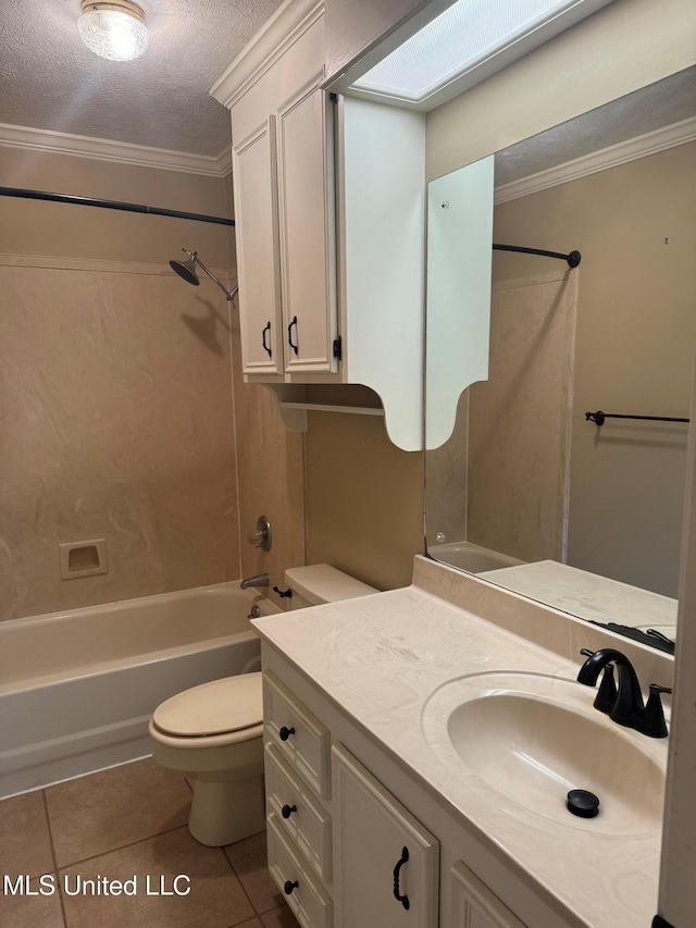 full bath featuring a textured ceiling, shower / tub combination, toilet, tile patterned floors, and crown molding