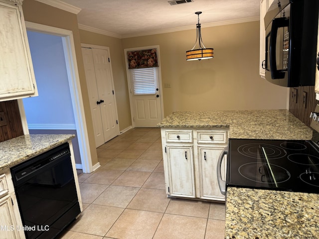 kitchen featuring light tile patterned flooring, visible vents, hanging light fixtures, black appliances, and crown molding