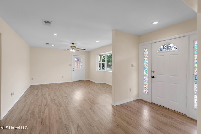 entryway with recessed lighting, baseboards, visible vents, and light wood-type flooring