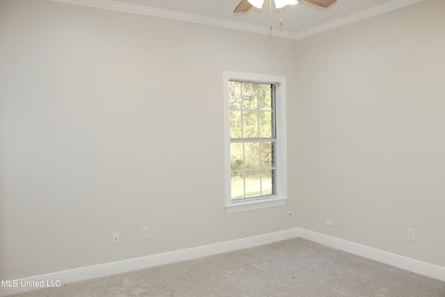 carpeted spare room with ceiling fan and ornamental molding