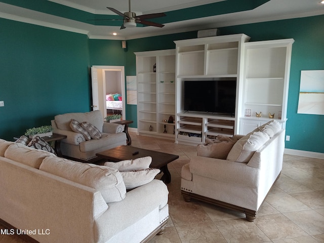 496 Cleveland Crossing Rd, Cleveland, MS 38732 - living area with crown molding, a ceiling fan, light tile patterned floors, recessed lighting, and baseboards
