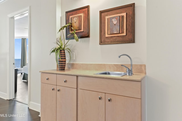 bathroom with vanity, wood finished floors, and baseboards