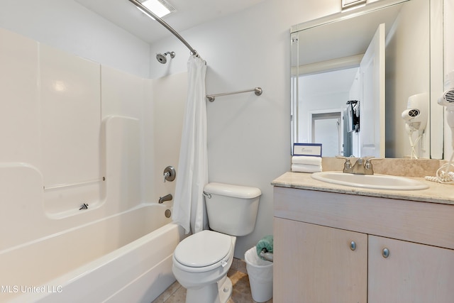 full bath with vanity, shower / bath combination with curtain, toilet, and tile patterned flooring