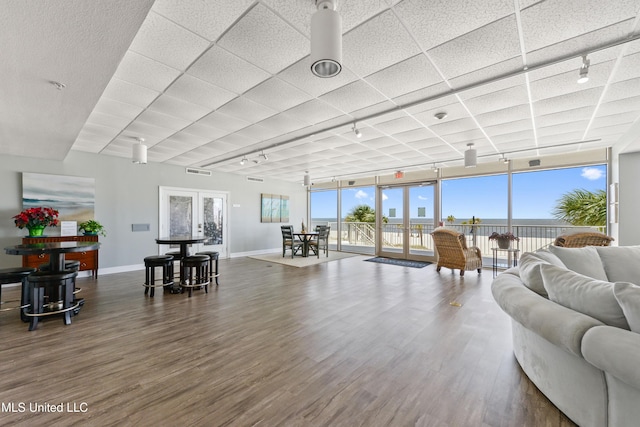 living room with french doors, baseboards, and wood finished floors