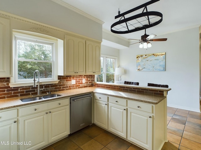 kitchen with decorative backsplash, sink, stainless steel dishwasher, and kitchen peninsula