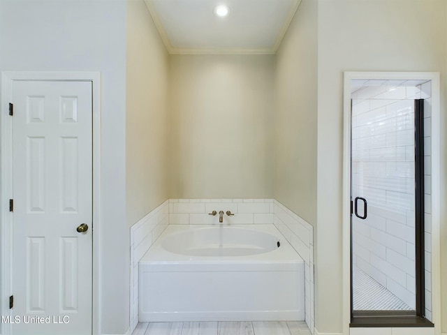 bathroom with plus walk in shower and ornamental molding