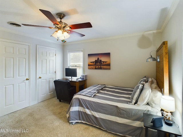 bedroom featuring ceiling fan, light colored carpet, and ornamental molding