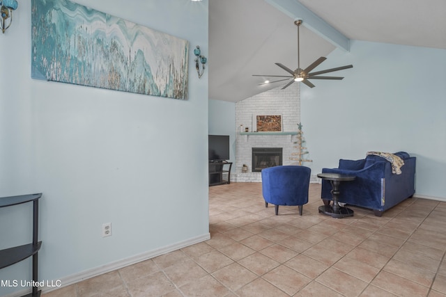 172 Briarfield Ave, Biloxi, MS 39531 - living room with beamed ceiling, a ceiling fan, light tile patterned floors, a brick fireplace, and high vaulted ceiling