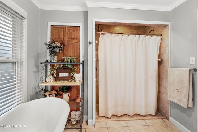 bathroom with crown molding, independent shower and bath, and tile patterned flooring