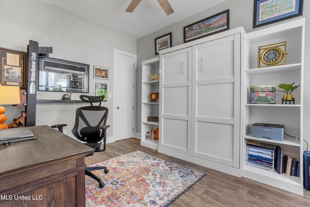 office featuring ceiling fan and hardwood / wood-style floors