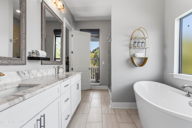 bathroom featuring vanity and separate shower and tub