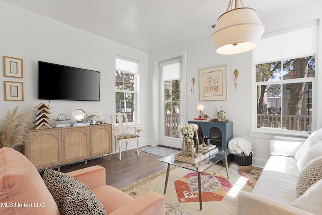 living room featuring wood finished floors and baseboards