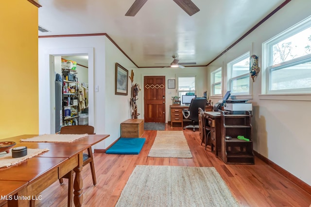 foyer featuring light hardwood / wood-style flooring, ornamental molding, and ceiling fan