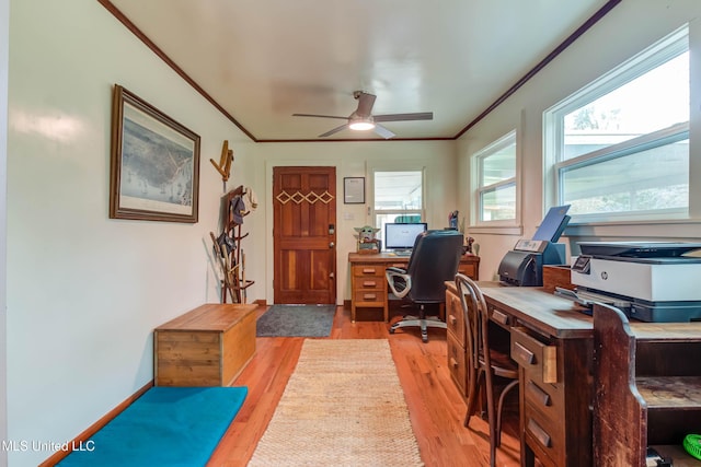 home office featuring wood-type flooring, ornamental molding, and ceiling fan