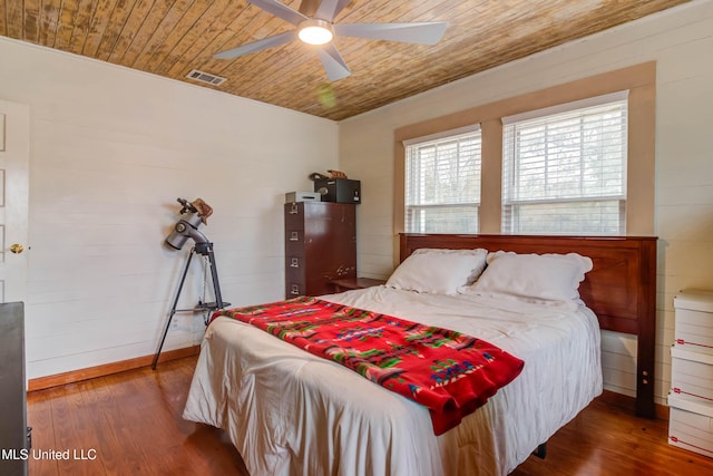 bedroom featuring wood ceiling, ceiling fan, and dark wood-type flooring