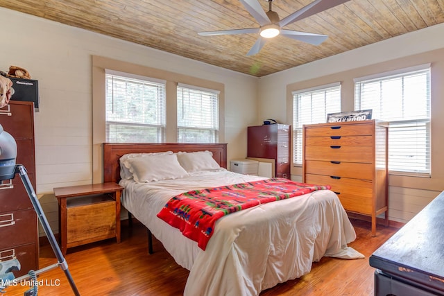 bedroom with hardwood / wood-style flooring, wooden ceiling, and ceiling fan