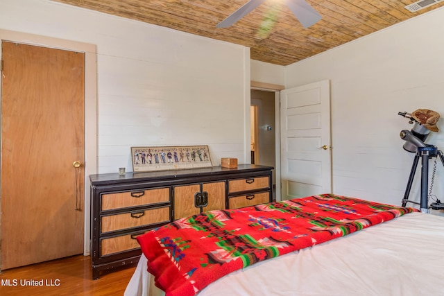 bedroom with wood ceiling, ceiling fan, and hardwood / wood-style flooring