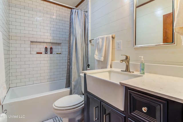 full bathroom with shower / bath combination with curtain, wooden walls, vanity, and toilet