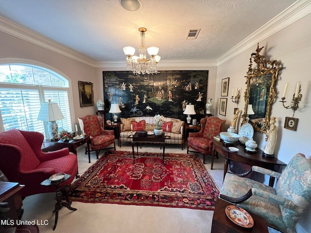 interior space with crown molding, a notable chandelier, carpet floors, and a textured ceiling