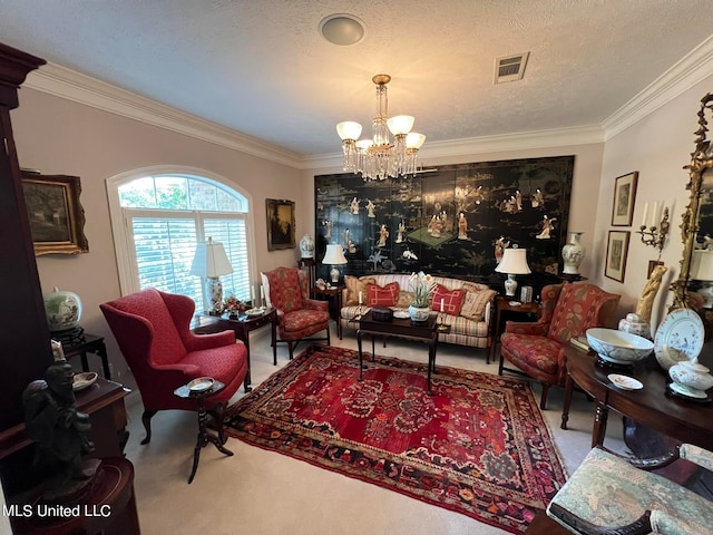 living room with crown molding, a notable chandelier, carpet flooring, and a textured ceiling