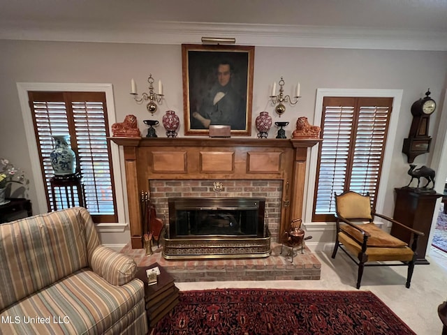 living area featuring crown molding, light carpet, a fireplace, and plenty of natural light