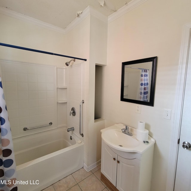 bathroom with tile patterned flooring, vanity, crown molding, and shower / bathtub combination with curtain