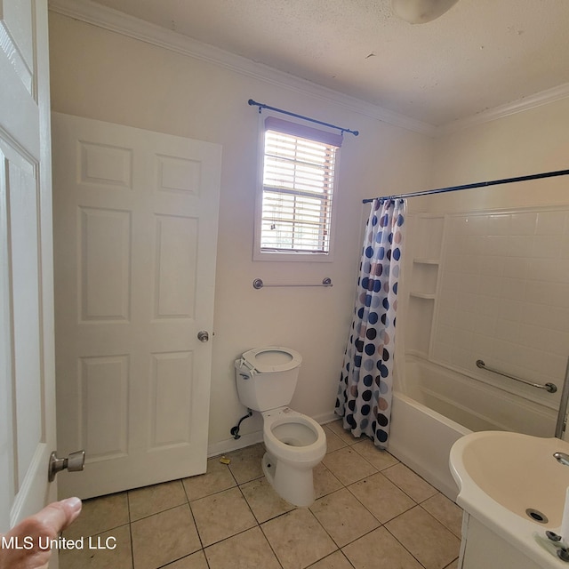 full bath featuring toilet, ornamental molding, tile patterned flooring, and shower / bath combination with curtain