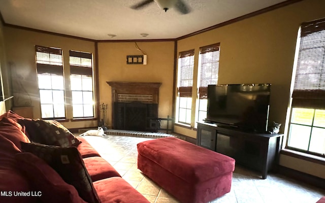 tiled living room featuring ornamental molding and a brick fireplace