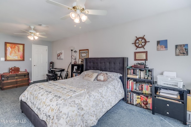 bedroom featuring carpet floors, ceiling fan, and visible vents