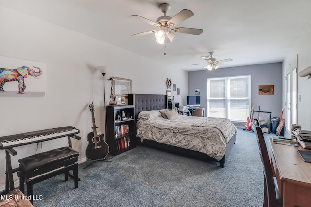 bedroom featuring baseboards, a ceiling fan, and dark carpet