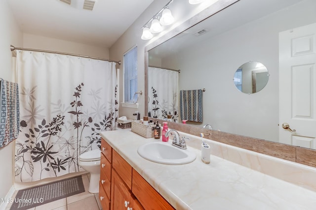 full bathroom with toilet, visible vents, tile patterned flooring, and vanity