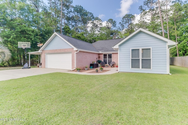 ranch-style home featuring a front yard, brick siding, fence, concrete driveway, and an attached garage