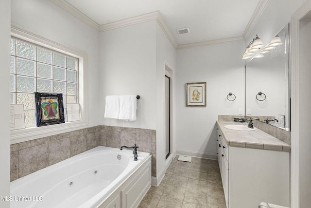 bathroom with vanity, crown molding, plus walk in shower, and tile patterned flooring