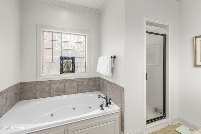 bathroom with ornamental molding and plus walk in shower