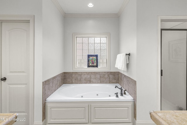 bathroom featuring vanity, crown molding, and separate shower and tub