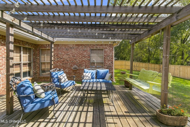 deck featuring outdoor lounge area and a pergola