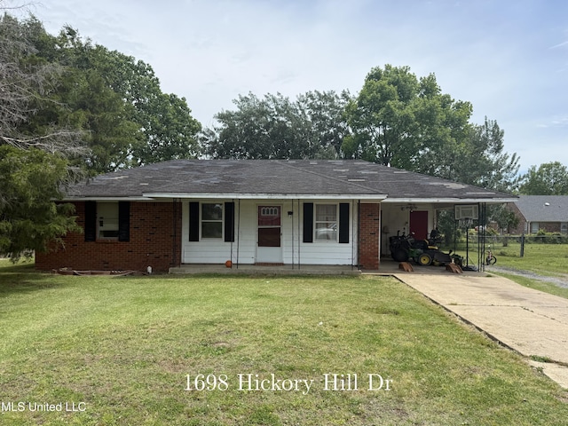 ranch-style house featuring a carport, a front lawn, driveway, and a porch