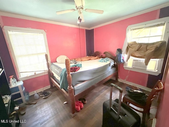 3755 Jayne Ave, Jackson, MS 39209 - bedroom featuring wood finished floors, baseboards, crown molding, ceiling fan, and cooling unit