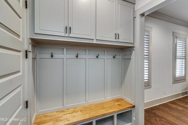 mudroom with dark wood-type flooring