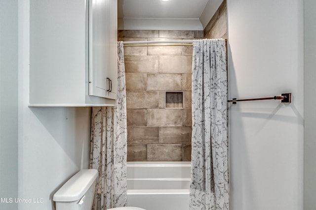 bathroom with toilet and shower / bathtub combination with curtain