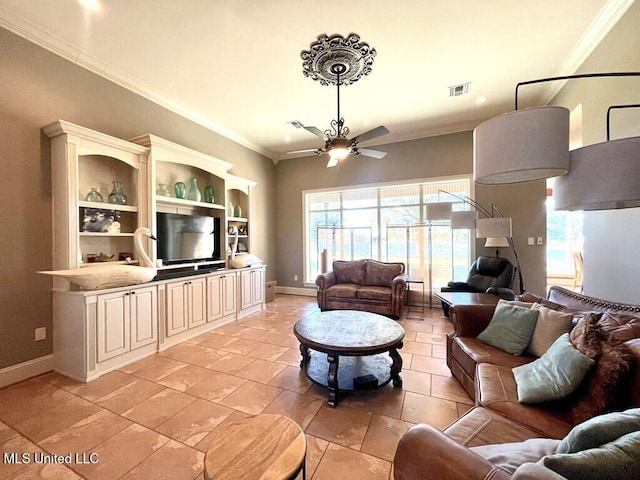6 Lunker Ln, Poplarville, MS 39470 - living room with a ceiling fan, plenty of natural light, crown molding, baseboards, and recessed lighting