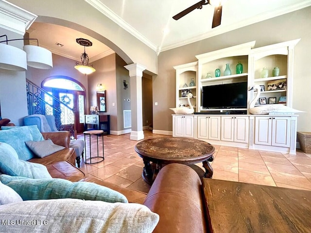 6 Lunker Ln, Poplarville, MS 39470 - living room featuring arched walkways, ceiling fan, decorative columns, ornamental molding, and light tile patterned floors