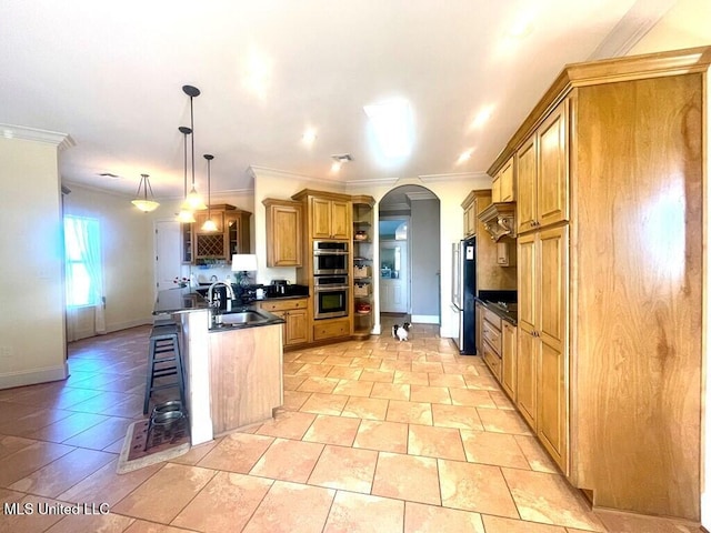6 Lunker Ln, Poplarville, MS 39470 - kitchen with dark countertops, open shelves, a sink, stainless steel appliances, and a peninsula