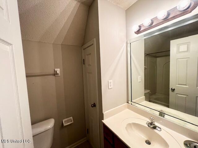 9064 Kyle Duran Ln, Olive Branch, MS 38654 - bathroom featuring a textured ceiling, vanity, lofted ceiling, and shower / tub combination