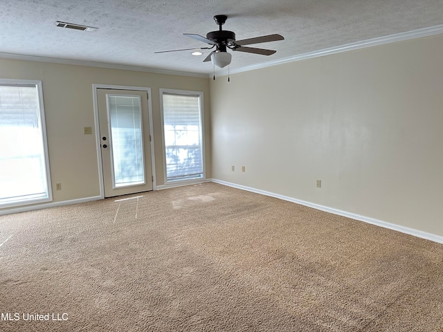 carpeted spare room with ornamental molding, a textured ceiling, and plenty of natural light