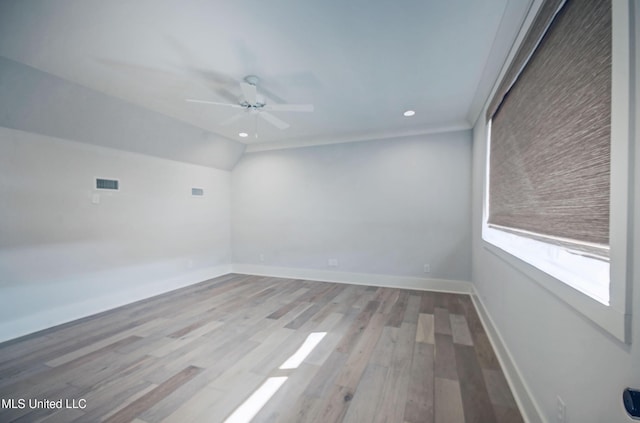 251 Westlake Cir, Madison, MS 39110 - empty room featuring wood finished floors, a ceiling fan, baseboards, recessed lighting, and lofted ceiling