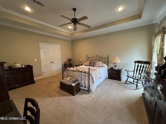 308 Barrington Cv, Byram, MS 39272 - bedroom with carpet floors, a raised ceiling, crown molding, baseboards, and recessed lighting