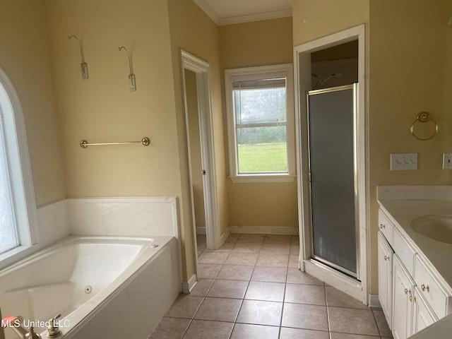 bathroom with separate shower and tub, crown molding, tile patterned flooring, and a healthy amount of sunlight